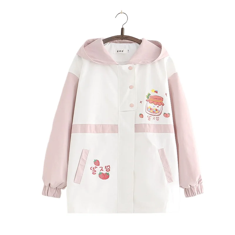 

Strawberry Print Kawaii Women Hooded Jackets Coat 2021 Autumn Winter Long Sleeve Pocket Sweet Ladies Cute Harakuju Outwears