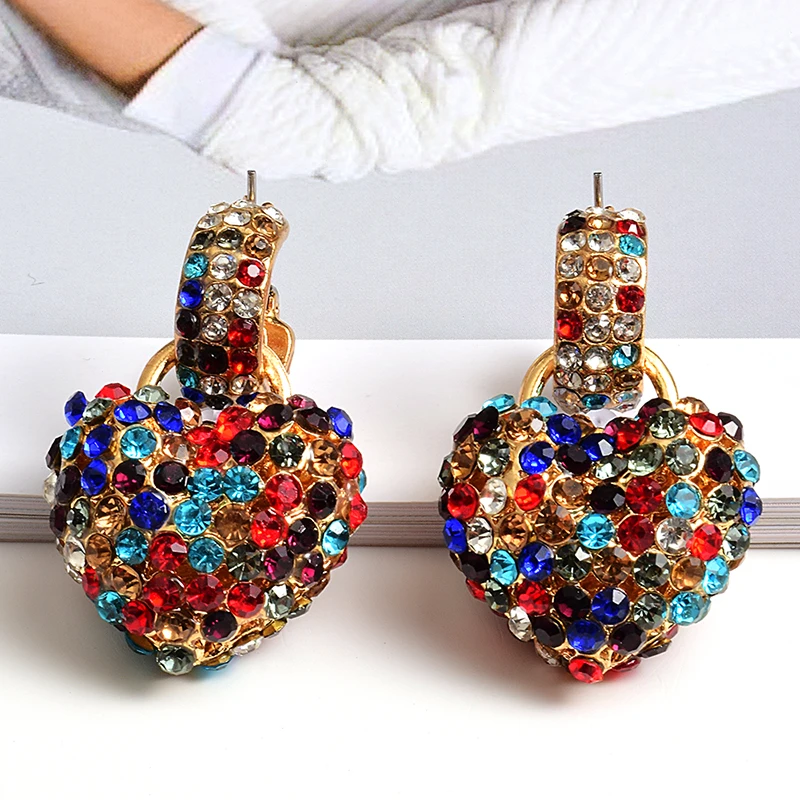 

New Heart-Shaped Metal Colorful Rhinestone Dangle Drop Earrings High-Quality Crystals Jewelry Accessories For Women Wholesale