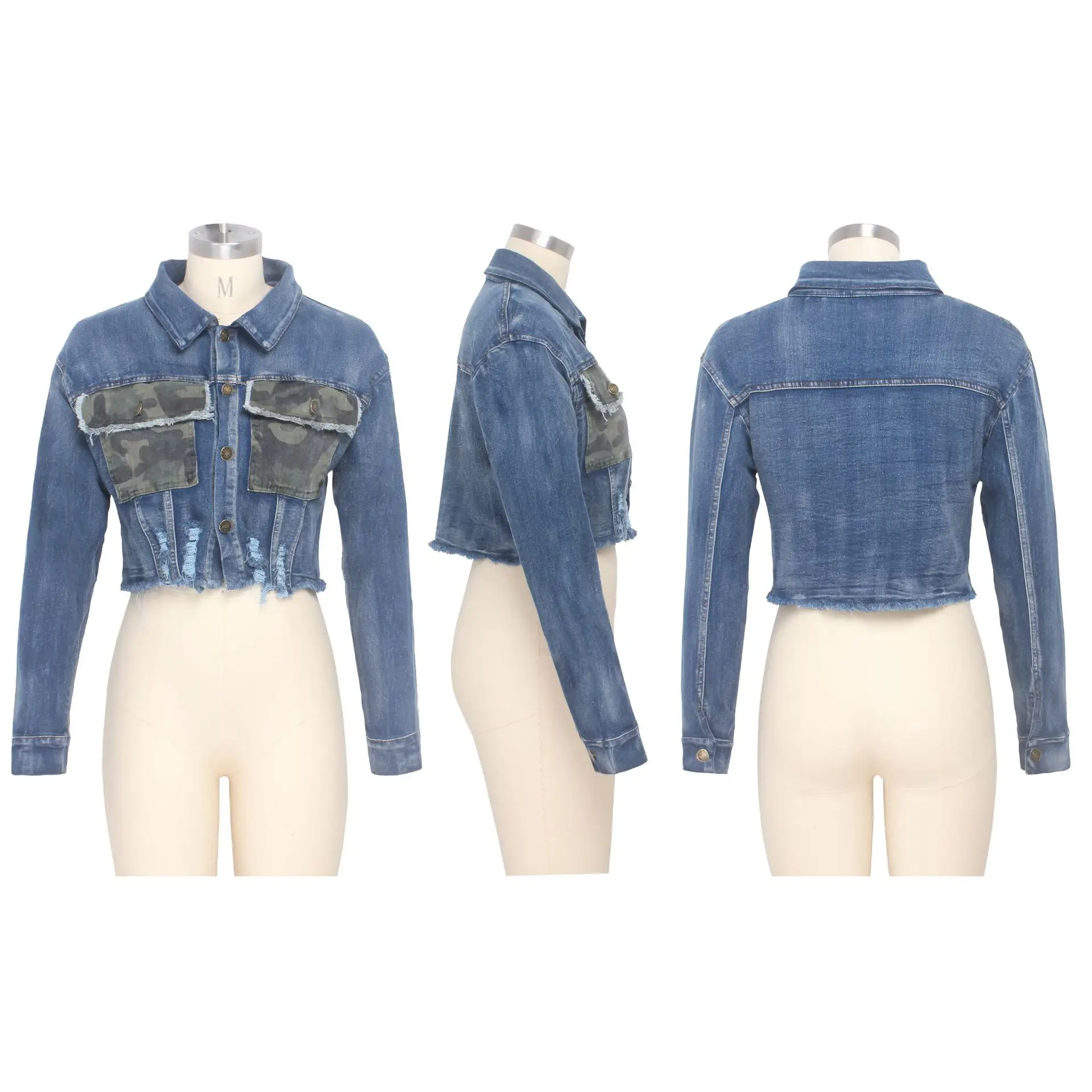 

Camouflage pockets spliced fashion women denim jackets turn down collar long sleeve causal short coats 2020 hot sale