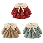 Одежда для новорожденных и маленьких девочек, платье принцессы платье для маленьких девочек; Милые вечерние, с длинными рукавами, с узлом-бантиком одежда с гофрированным воротником на каждый день; Платья с цветочным принтом для детей;