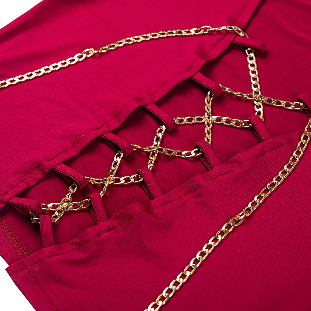 

Sexy Deep V Neck Chain Lace Up Two Piece Set Women 2021 New Design Long Sleeve Bandage