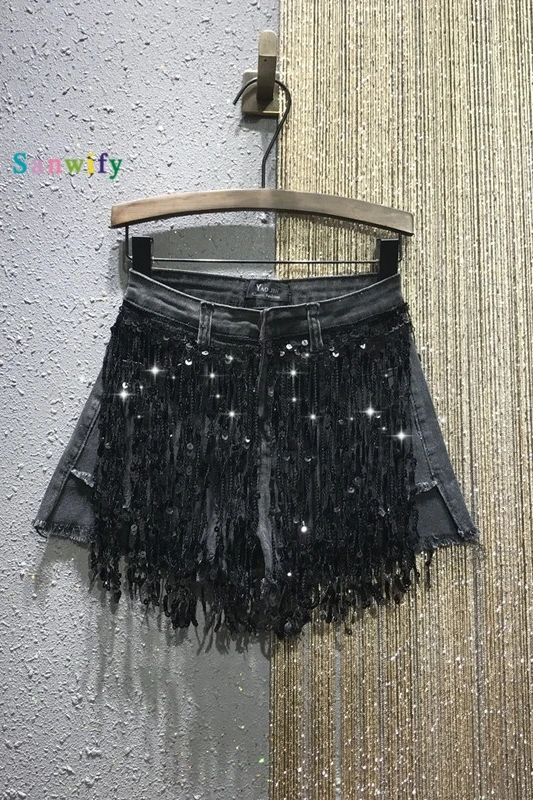 

Personalized Sequined Black Denim Shorts Women 2020 Summer New High Waist Slim Shorts Pants Short