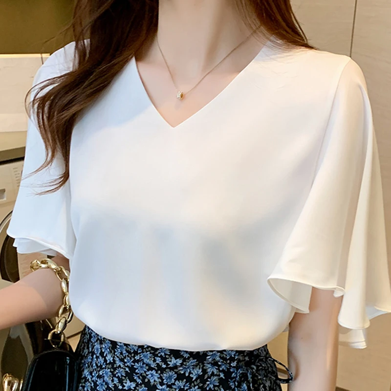 

Blouses Summer White Blouse Tops Short Sleeve Blouse Women Blusas Mujer De Moda 2021 Verano V-Neck Chiffon Blouse Shirt E792