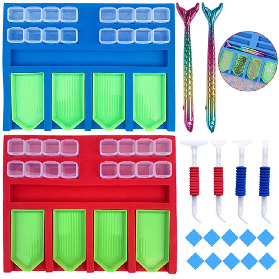 Красные и синие инструменты для вышивки картин со стразами набор лотков хранения