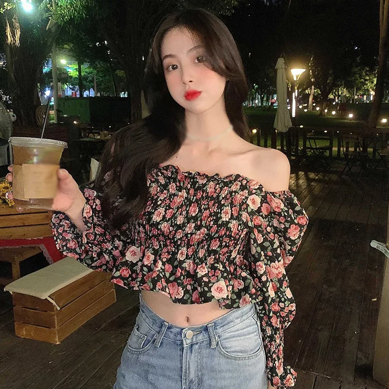 

ETOSELL Women Off Shoulder Tops Chiffon Blouses Pleated Floral Printed Cute Female Summer Tops Puff Sleeve Blouse