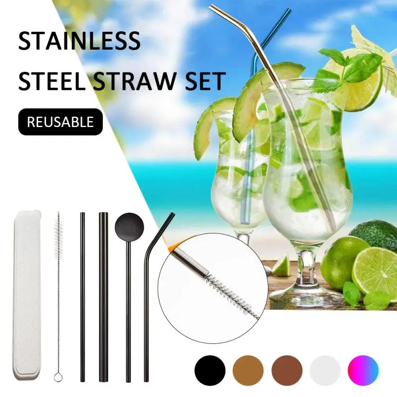 

2pcs Colorful High Quality Stainless Steel Straws Straight Bent Drinking Reusable Metal Set With Cleaner Party Accessories