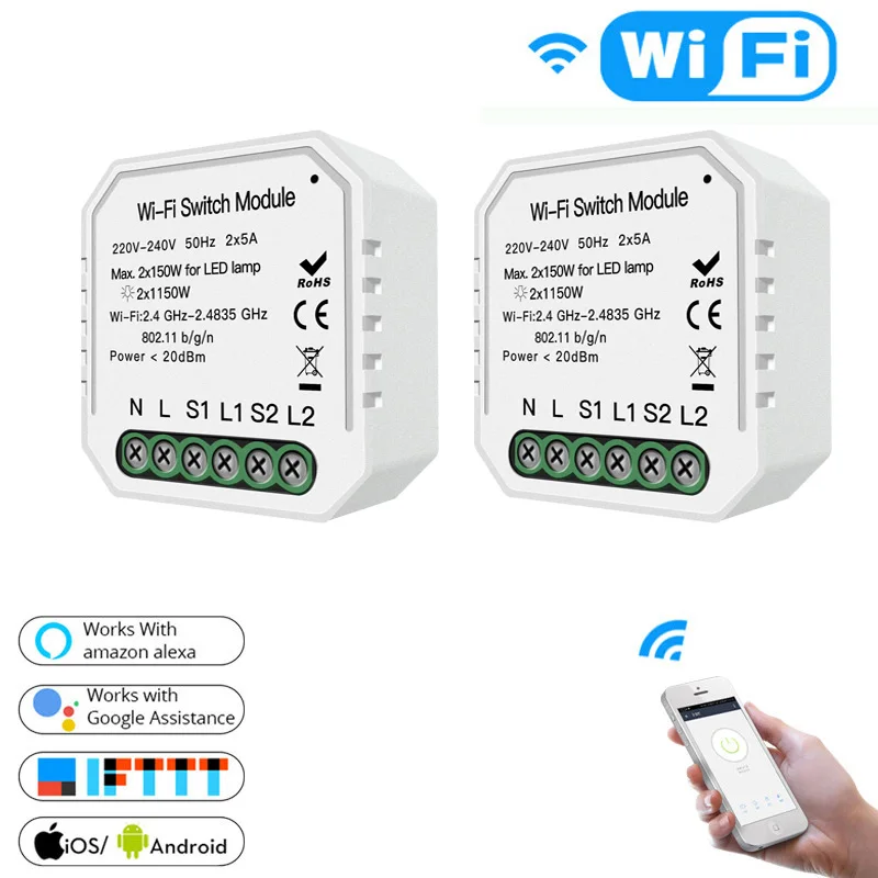 2PSC 2 способ wifi-патрон, умный свет светодиодный диммер выключатель модуль Smart Life/Tuya приложение дистанционное управление работает Alexa Echo Google Home IFTTT - Цвет: 2PSC
