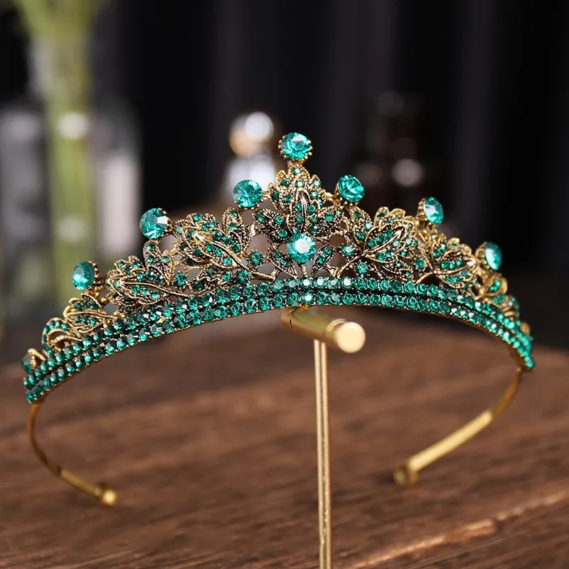 Green Crystal Leaf Bridal Tiaras Bronze Black Rhinestone Pageant Diadem Headband Wedding Hair Jewelry
