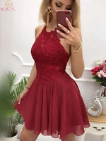 red short a line cocktail dresses 2020 halter neck sleeveless homecoming dress backless appliques chiffon formal party prom gown
