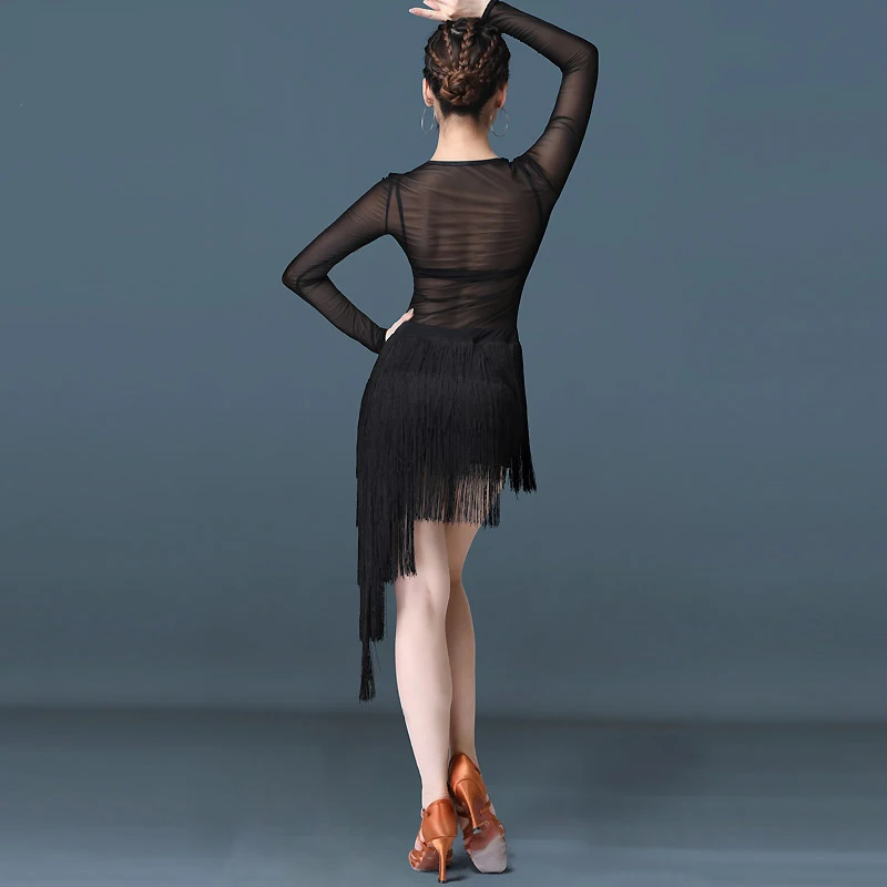 

Latin Dance Dress Black Competition Clothes Long Sleeved Fringe Dress Sexy Mesh Cha-Cha/Rumba/Samba Show Costume Adult VDB2257