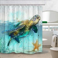 turtle underwater world ocean animal sea tortoises coral and aquatic plant on rustic wooden boards bath curtains