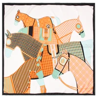 pobing manual hand rolled twill silk scarf women four horse print square scarves echarpes foulards femme wrap bandana hijab 90cm