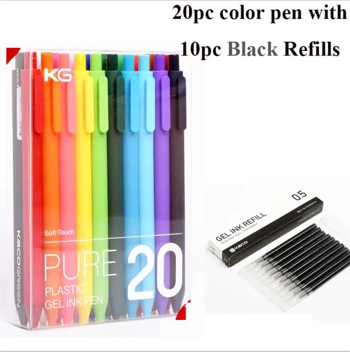 20pen and 10 Refills Ручка-знак Xiao mi KACO, 20 цветов, ручки mi jia, 0,5 мм, заправка, АБС-пластик, длина записи 400 м+ 10 шт, 0,5 мм, заправки(черный/красный/синий - Цвет: 20pen and 10 Refills