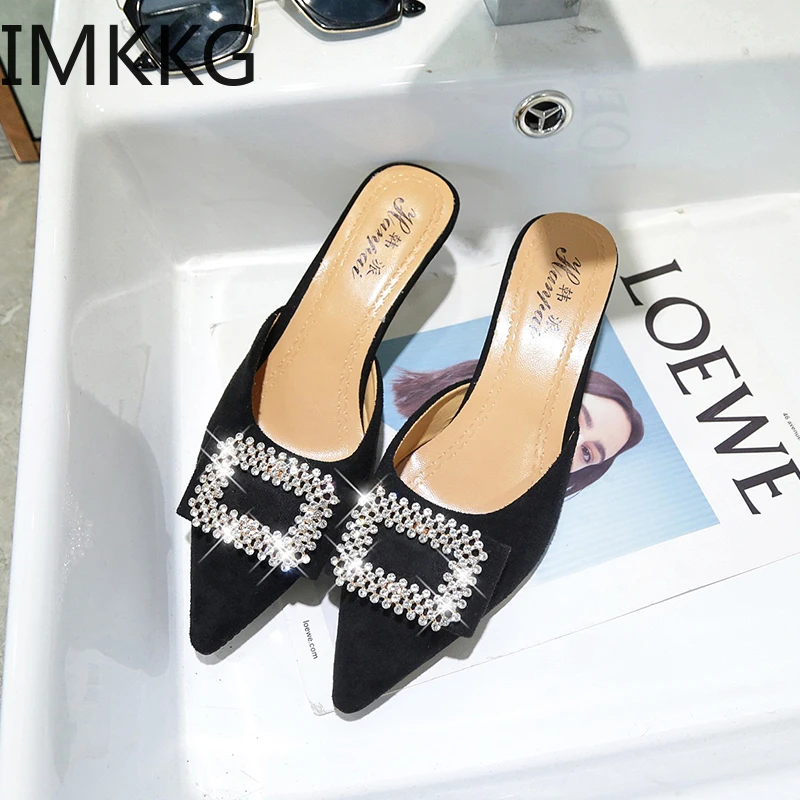 Шлепанцы женские без задника повседневные сандалии с кристаллами застежки сланцы элегантная обувь для