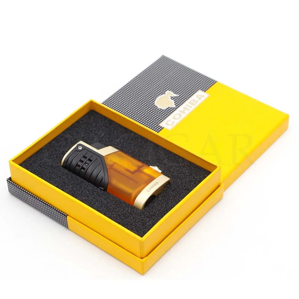 COHIBA сигарные гаджеты Пластиковые зажигалки бутан многоразовая Зажигалка для сигар ветрозащитная карманная сигарета газовая зажигалка W/Подарочная коробка