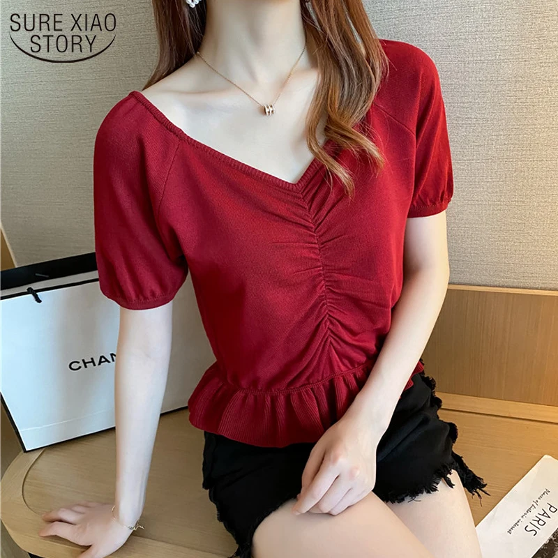 

Seven Colors Blusas 2021 Summer New Short-Sleeve V-neck Cotton Women Shirt Casual Puff Sleeve Solid Pullover Blouse Women 10058