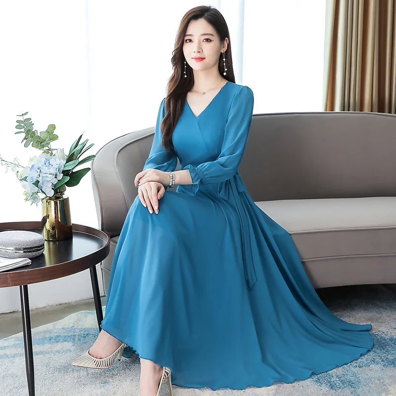 

2021 early spring new Korean version of large-size chiffon dress long-sleeved temperament slim figure thin big swing long skirt
