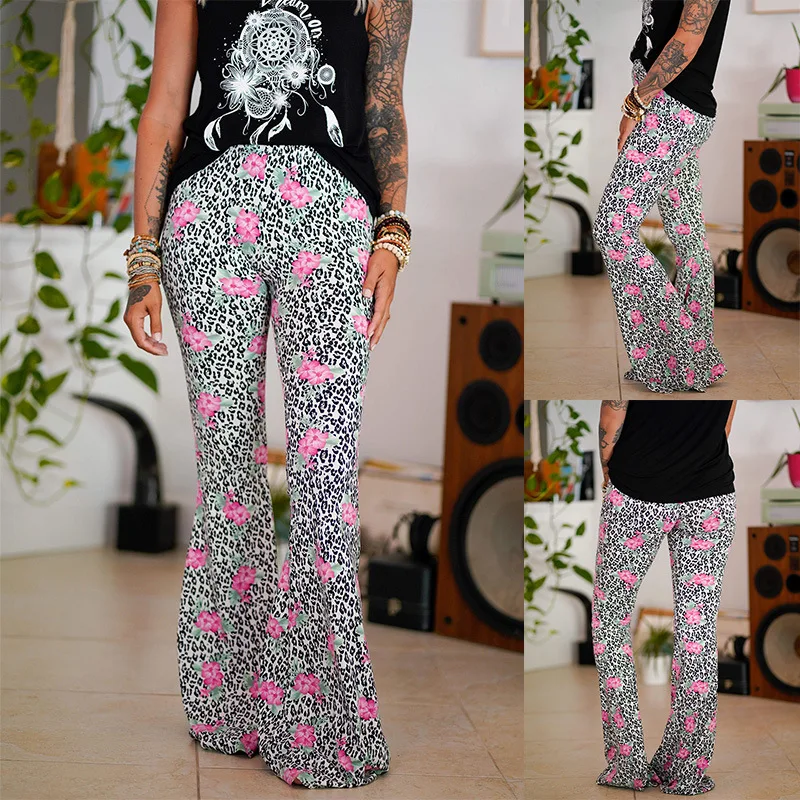 

Wholesale Women's Trousers Woman Fashion Leopard Floral Printed Bell Bottom Pants Ladies Flare Bottom Trousers For Women