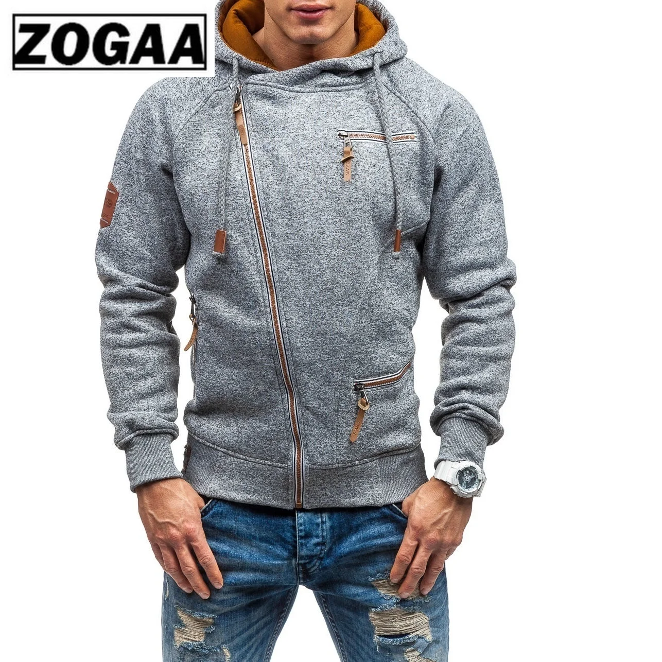 Новинка 2019 3 цвета Мужская модная повседневная толстовка на молнии декоративная