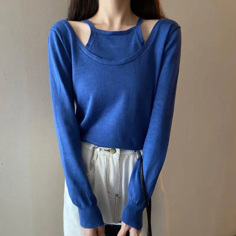 

Solid Color Knitted Long Sleeved Off-shoulder T-shirt Women Stitching Fake Two-piece Sling Bottoming Shirt Top