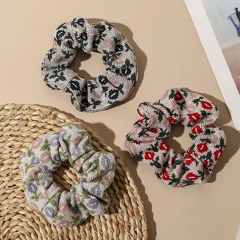 

Girly Heart Floral Wool Knitted Large Intestine Hair Ring Woolen Large Intestine Hair Ring Cute Sweet Elastic Head Rope