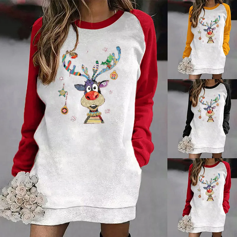 

Women Casual Sweater Dress Christmas Deer Print Long Sleeve Round Neck Dress with Pockets