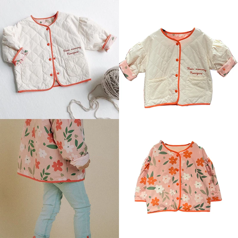 

RJ Brand 2021 New Winter Kids Thick Jacket for Girls Cute Flower Print Cotton Warm Coat Outwear Baby Toddler Fashion Tops Costum