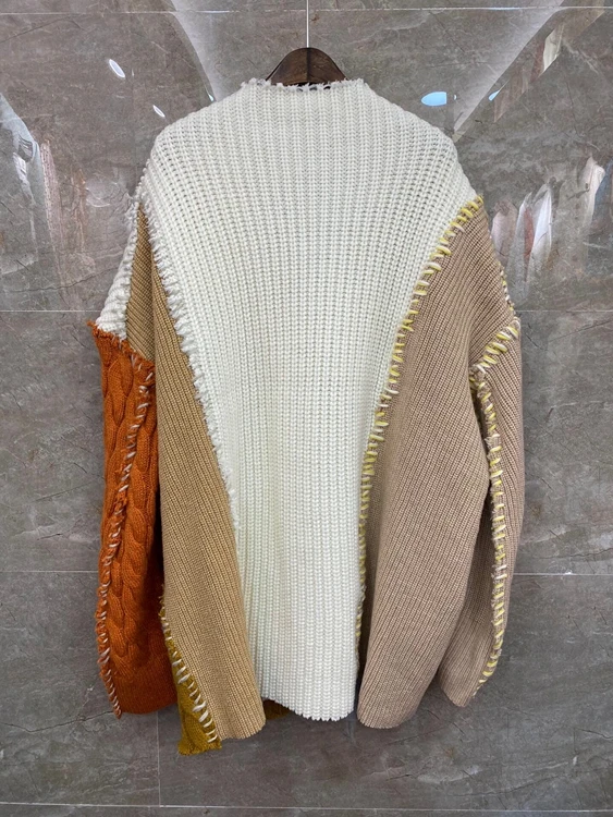 

2020 autumn and winter new women's V-neck color matching stitching woven decorative buttons loose cardigan sweater 1113