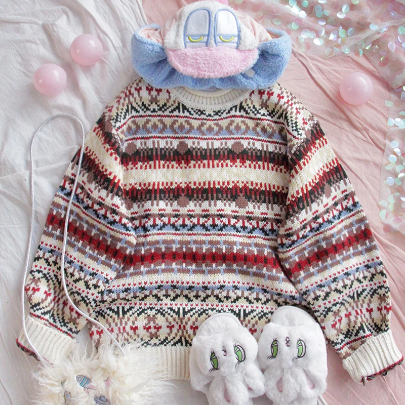 Зимние Для женщин ретро жаккардовый свитер молодая девушка студентка Harajuku Стиль