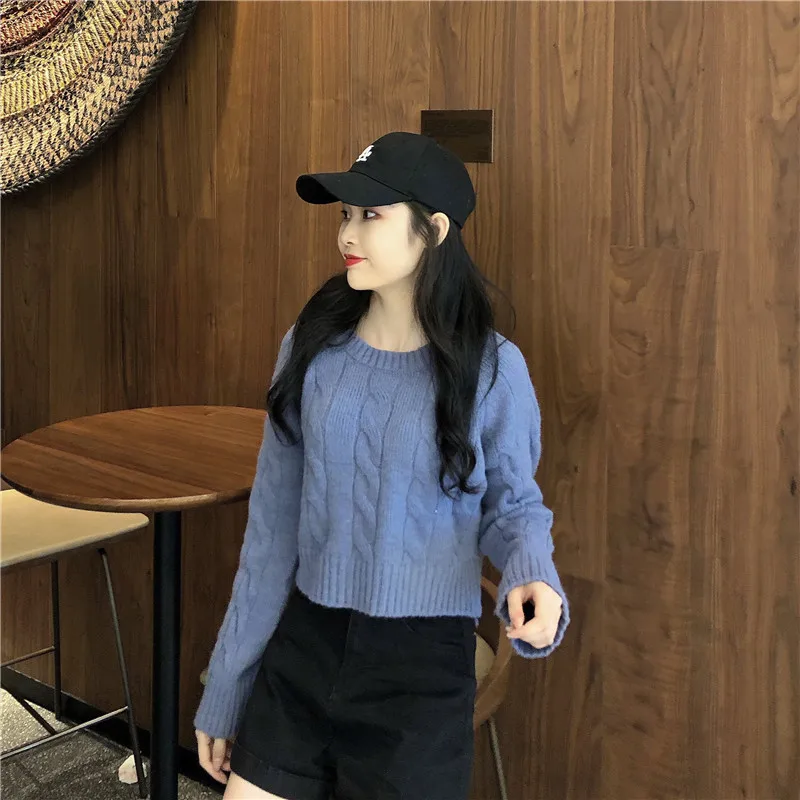 Autumn Winter New Women's Short Pullovers Sweater Twist Knitting Full Sleeve Solid Fashion Vintage Casual Tops T98506D