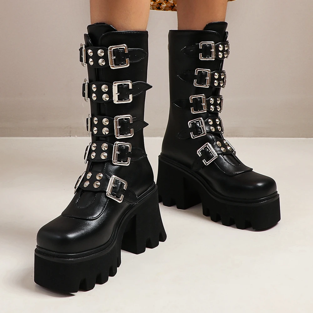 

RIBETRINI Cool Girl Brand Designer Casual Shoes Buckle Platform Chunky Heel Winter Women Boots Chunky Heel Boots