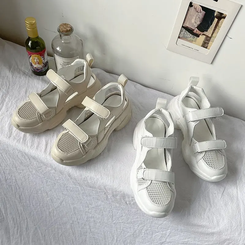 

Shoes Sandals With Laces Suit Female Beige 2021 Summer Women's Heels Clogs Wedge Med Breathable Black Denim Girls New Platform C