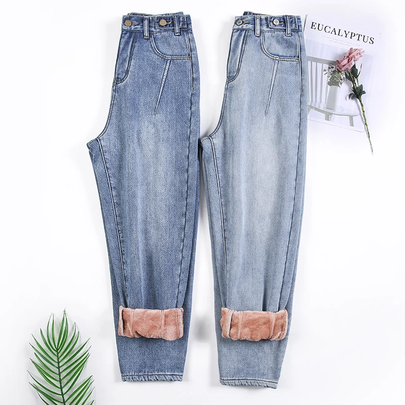 

Winter New Thick Plus Velvet Women Skinny Jeans Fleece Warm Casual Female Cotton Denim Blue Harem Pants Vintage Mom Jeans