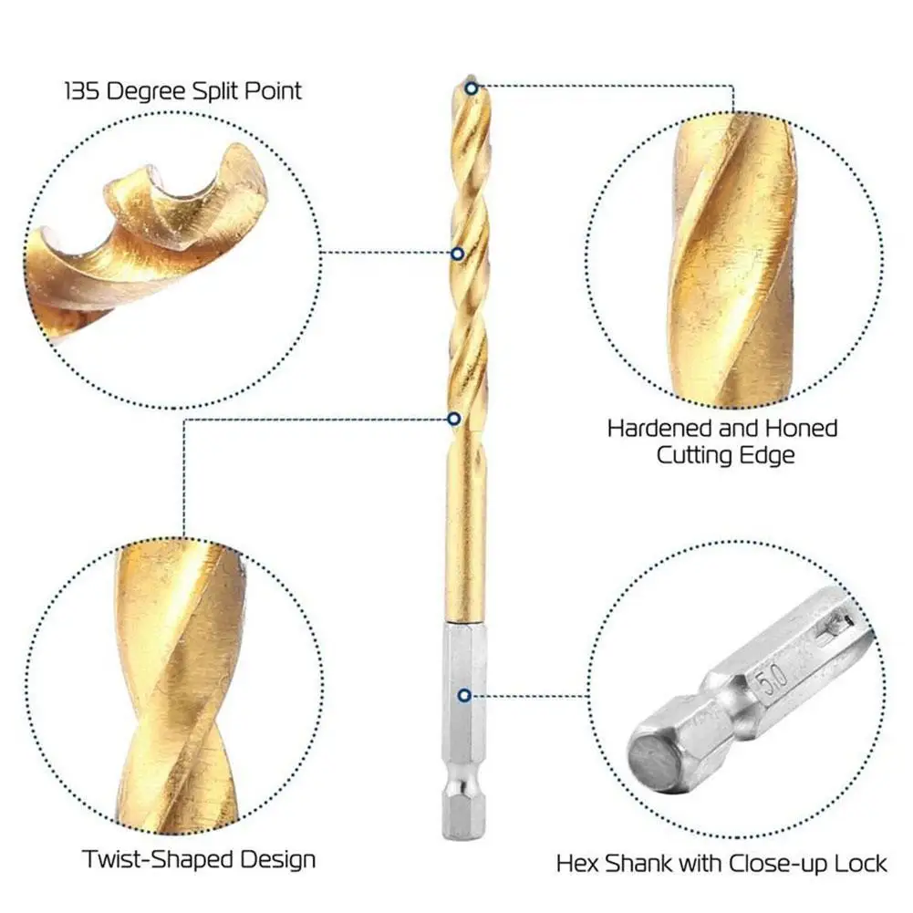 

13pcs Titanium HSS Coated Drill Bit Set 1/4 Hex Shank 1.5-6.5mm Twist Drill Bit HSS High Speed Steel