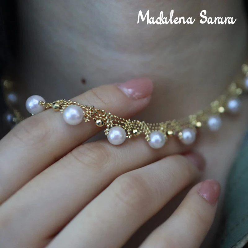 للبيع MADALENA سارارا 18k الذهب اليد جديلة النساء قلادة تموج الدانتيل حافة نمط واسعة 5-6 مللي متر المياه العذبة اللؤلؤ Au750 سلسلة قلادة-C