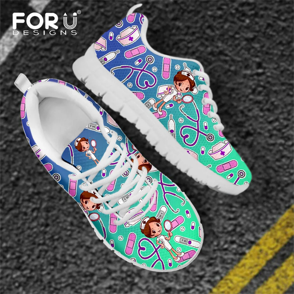 

FORUDESIGNS Women Sneakers Funny Cute Nurse Prints Fashion Mesh Breathable Ankle Flat Shoes Simple Casual Lace-up Nursing Shoes