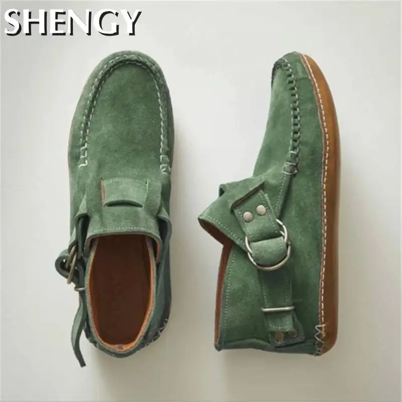 

2021 Women Suede Ankle Boot Autumn Winter Plush Warm Booties Female Sewing Flats Buckle Strap Cotton Shoes Lady Fashion Footwear