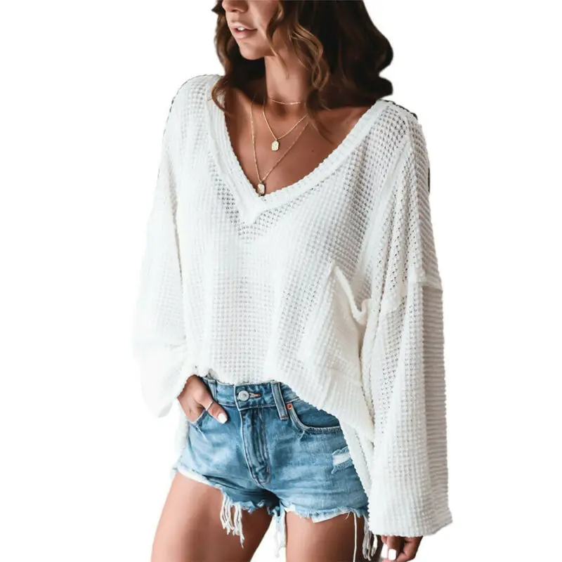 

Womens V Neck Tops Long Sleeve Plain Hollow Out Sexy Tops Loose Casual Solid Color Fashion Autumn Clothing Hot Online Shirts