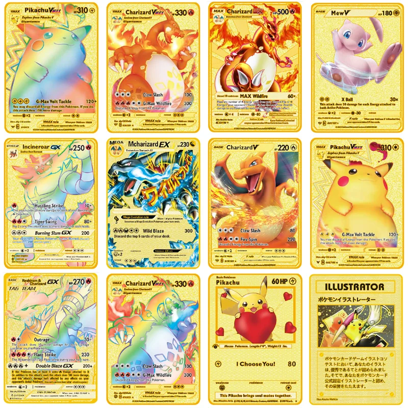 Juego de cartas de batalla de Pok&eacute;mon para ni&ntilde;os, modelo de figura de acci&oacute;n de Metal dorada, HP, juego en ingl&eacute;s, Charizard, Pikachu, Mewtwo-0