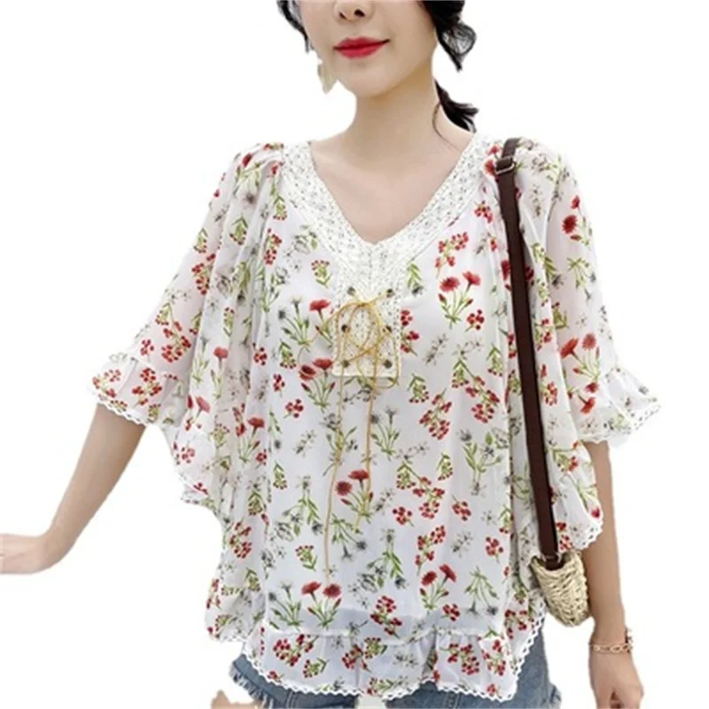 

Chiffon Shirt Summer Women's Clothing 2021 New Bat Sleeve Korean V-Neck Loose Belly Covering Shirt Casual Large Floral T-Shirt