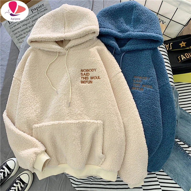 

Autumn Winter Coat Pink Sweet Hooded Sorry Print Harajuku Loose Pocket Hoodies Womens Fleece Flannel Pullover Female Sweatshirt