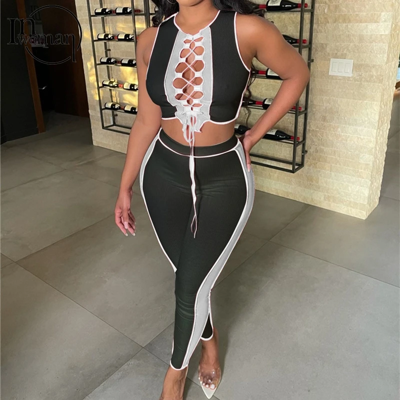 

INWOMAN Lace Up Sexy Bodycon Crop Top Women Tracksuit Set Leggings Female Sexy Summer 2 Two Piece Set Outfits Women Matching Set