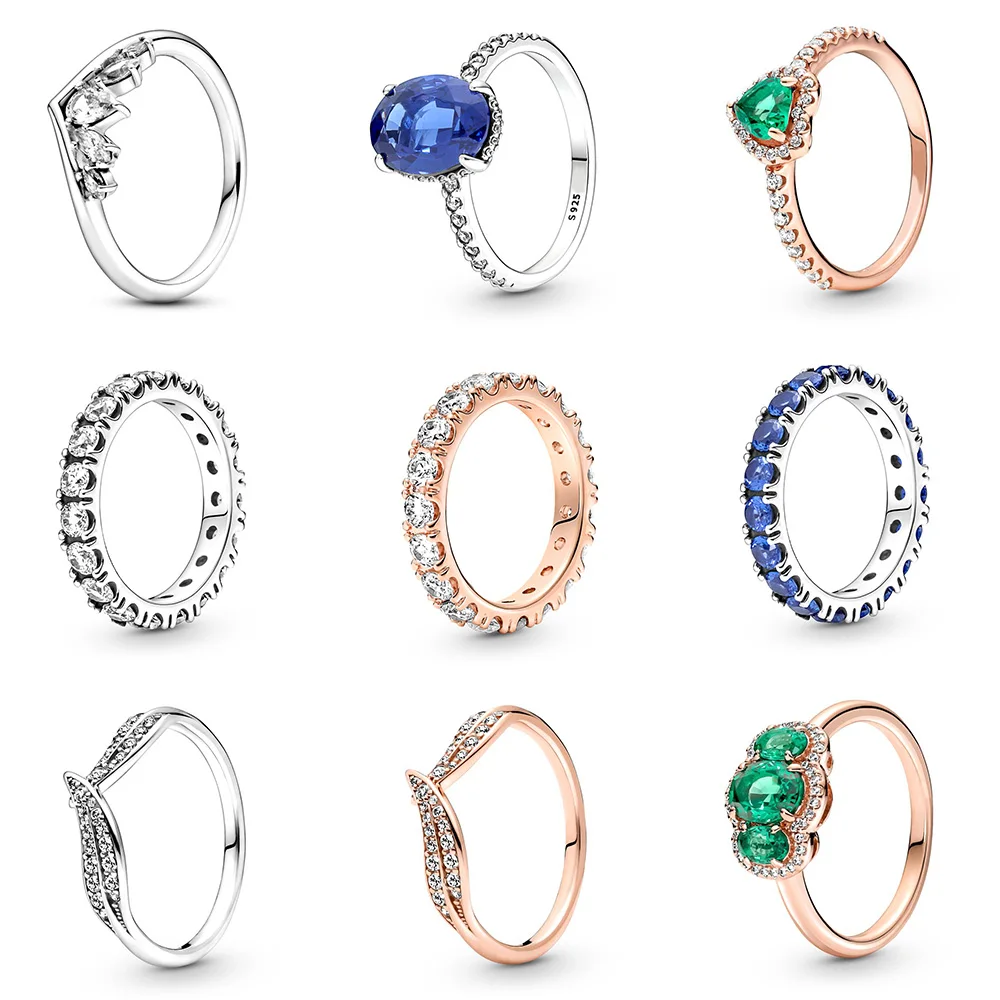 

925 Sterling Silver Ring Charms Big Blue Green Cz Diy Surround Crystal Fashion Round Finger Ring For Women Gift Fashion Jewelry