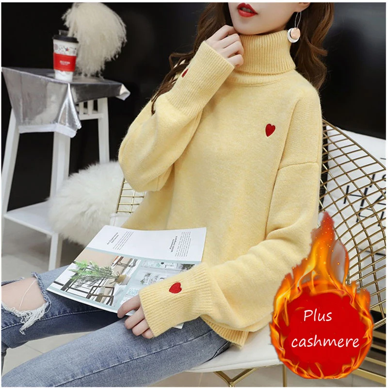 EACHIN Women Winter Plus Cashmere Warm Turtleneck Sweaters Fashion Loose Long Sleeve Elastic Knitted Embroidery Pullover Tops | Женская