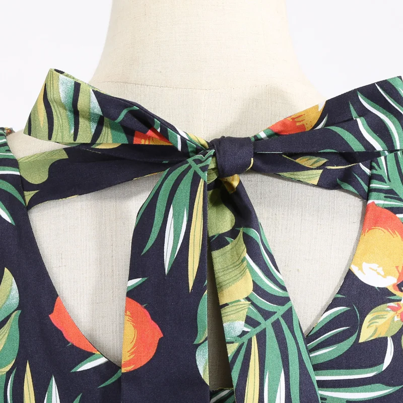 Tonval зеленый тропический галстук-бабочка с принтом сзади высокая талия платье женское с коротким рукавом классная винтажная Ретро расклешенная, миди платья