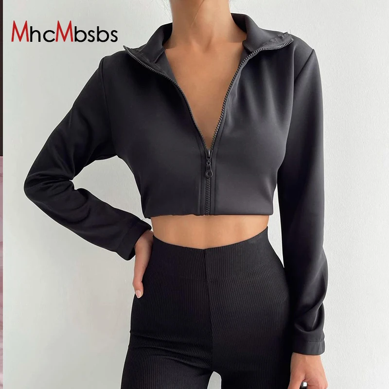 

Women Turn Down Collar Zip Long Sleeve Cropped Jacket Coat Vintage Slim Sporty Outwear 2021 Fall Harajuku Y2K Clothes