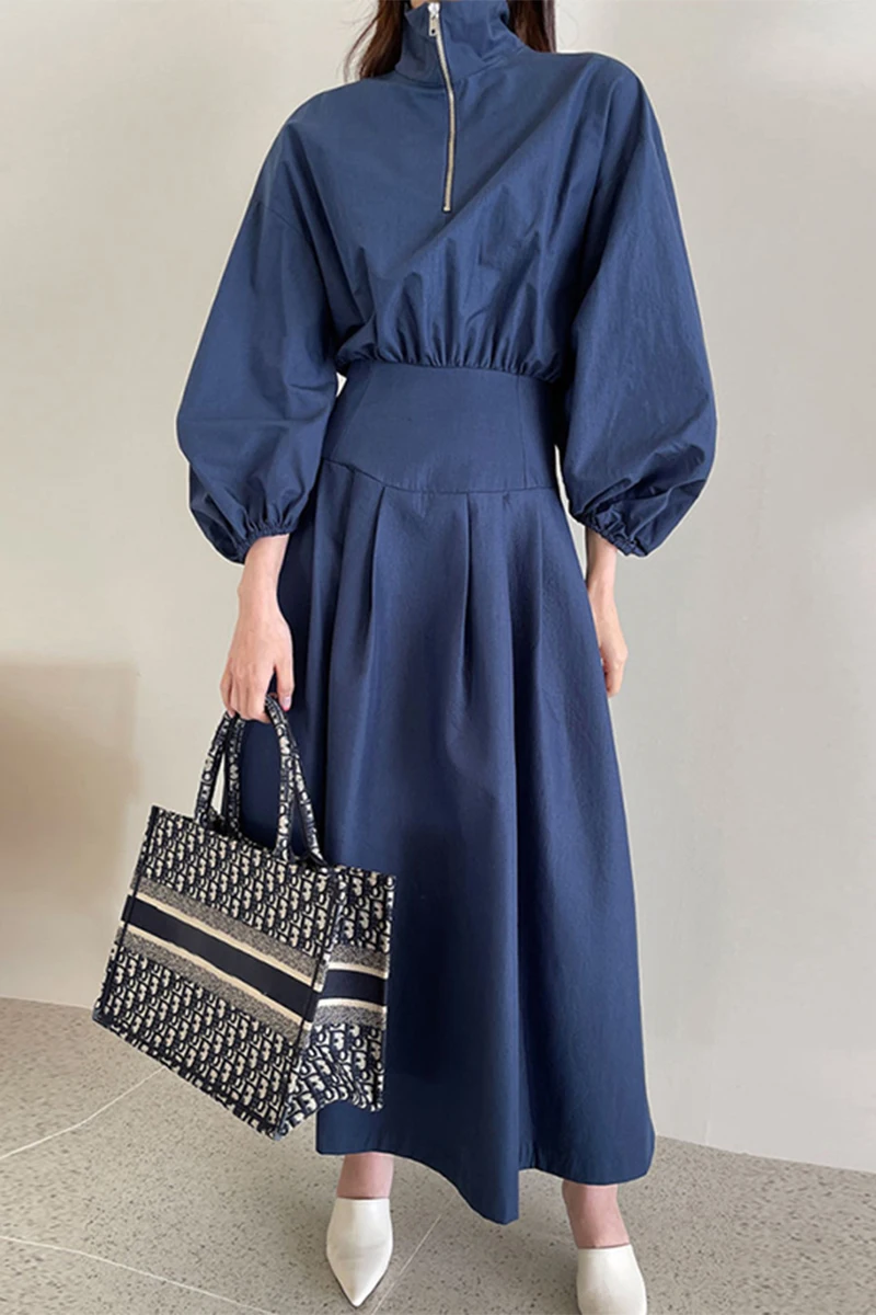 

ZCSMLL blue dresses Korean minimalist stand collar half zipper pleated waist slimming mid-length lantern sleeve dress women 2021