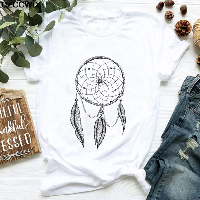 

Women 2020 Summer Short Sleeve Dream Feather Fashion Print Lady T-shirts Top T Shirt Ladies Womens Graphic Female Tee T-Shirt