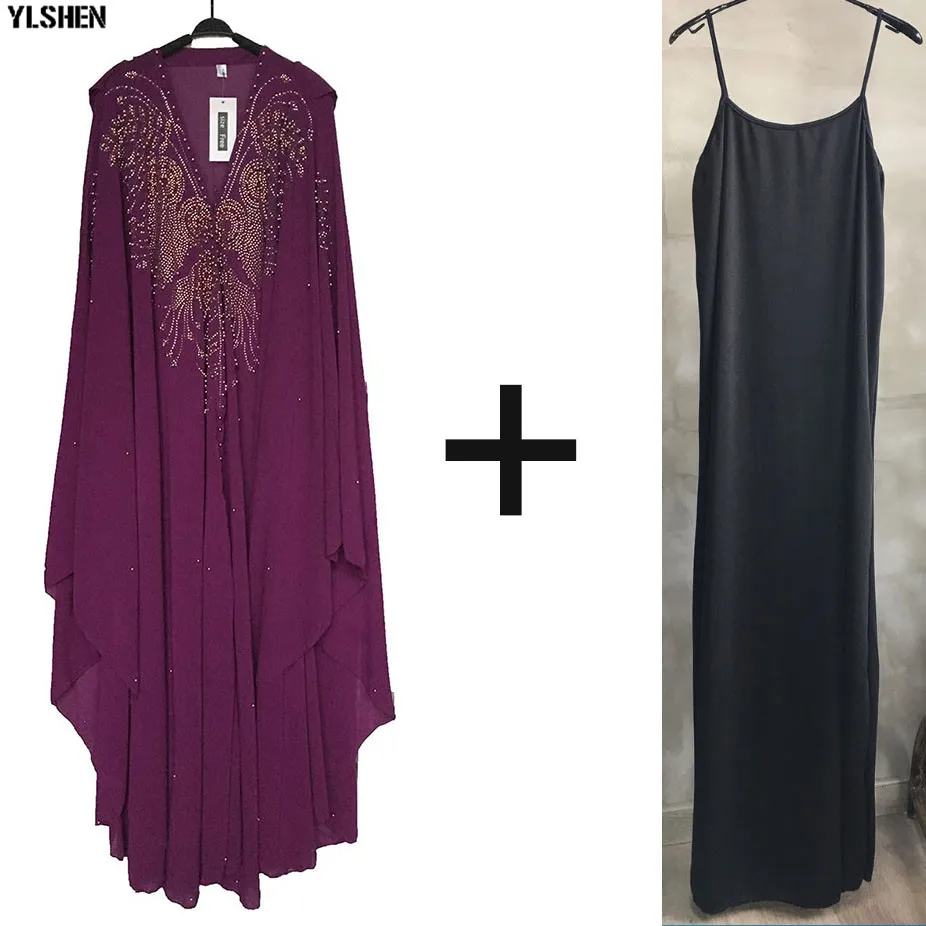 Purple 2 pieces set Супер размер, африканские платья для женщин, Дашики, алмазная бусина, африканская одежда, абайя, Дубай, халат, вечернее длинное мусульманское платье, накидка с капюшоном - Цвет: Purple 2 pieces set