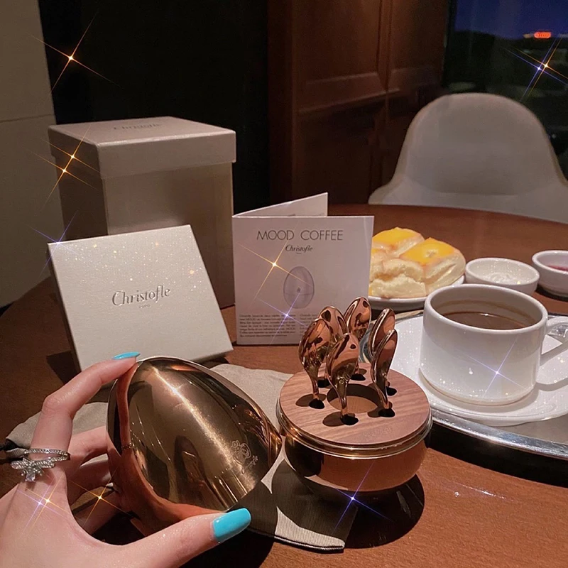 

Серебряная кофейная десертная ложка-вилка Ins Mood Подарочная коробка Посуда в виде яйца для кухни семейного отеля ресторана 2021